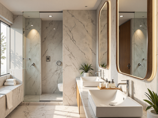 现代浴室装修,洗手台,淋浴间,瓷砖墙面,干湿分离设计,整洁明亮空间