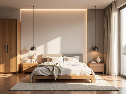 主卧室套房设计,大床配床头柜,衣柜设计,温馨舒适氛围,柔和灯光照明