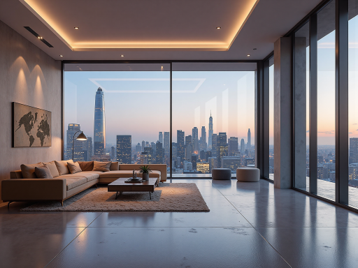 现代风格客厅装修,浅色沙发配深色茶几,落地窗采光,简洁时尚设计,明亮自然光线