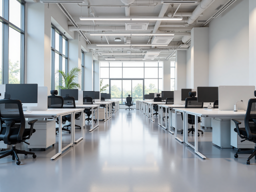 现代办公空间设计,开放式工位,会议室,简约商务风格,明亮自然光线