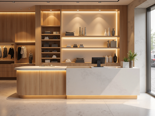 零售店铺装修,商品陈列架,收银台,明亮灯光照明,吸引顾客购物环境